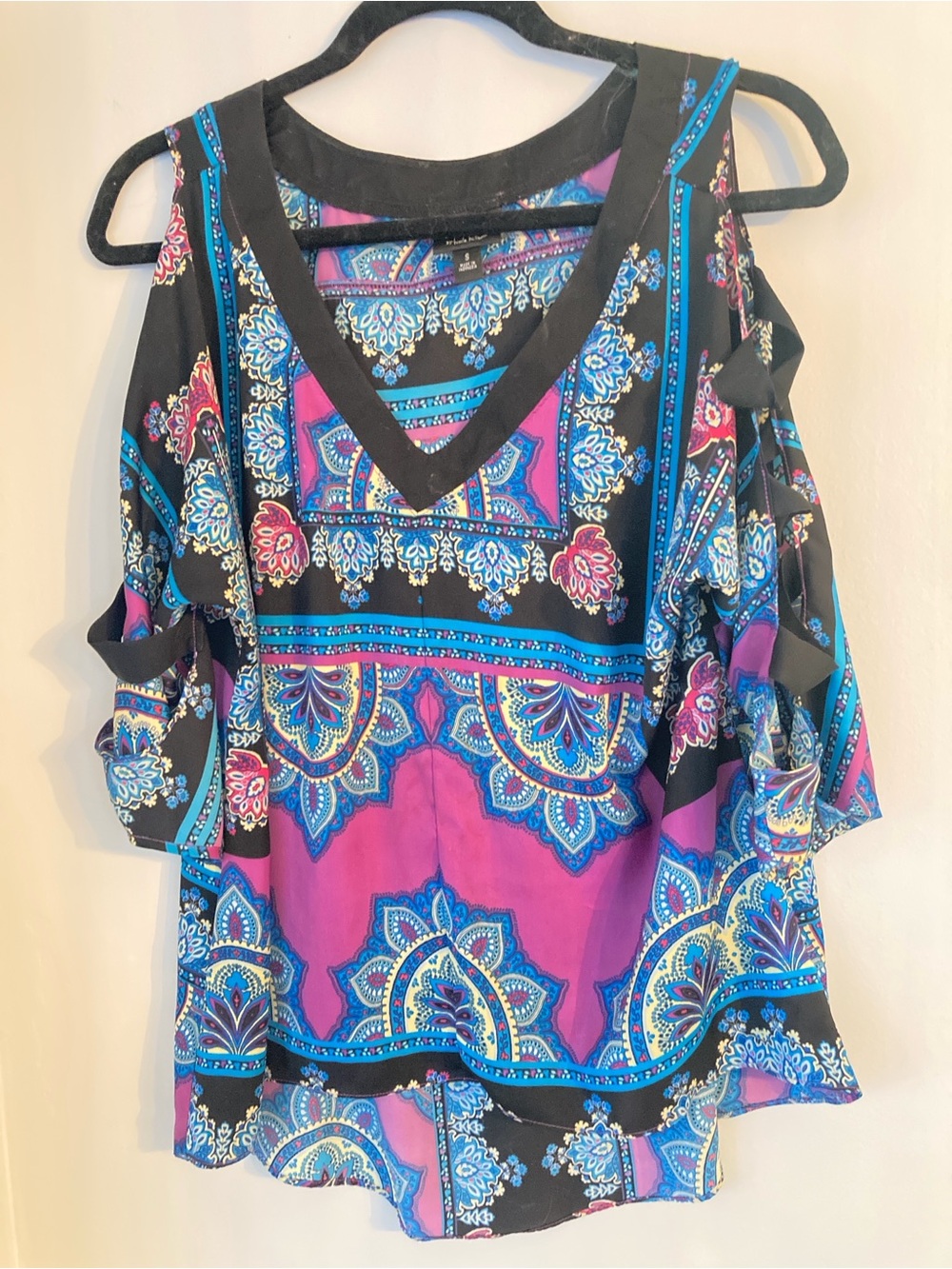 Nicole Purple Paisley Cold-Shoulder V-Neck Blouse